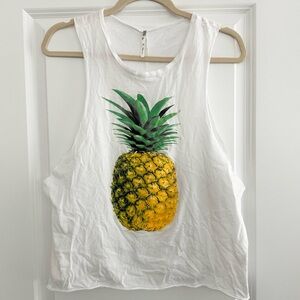 Pineapple Beach Tank- White Sleeveless Deep Arm Coverup Tropical Tank Top